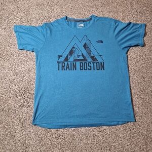 The North Face T Shirt Mens M Blue Graphic Train Boston Logo Outdoor Hike